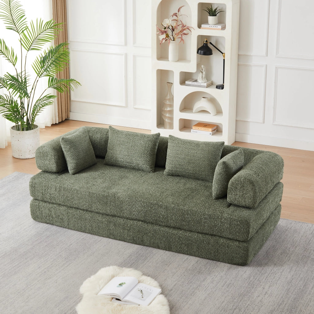 Divano modulare 4 in 1 con schienale regolabile, funzione letto e 4 cuscini, antiscivolo in ciniglia verde