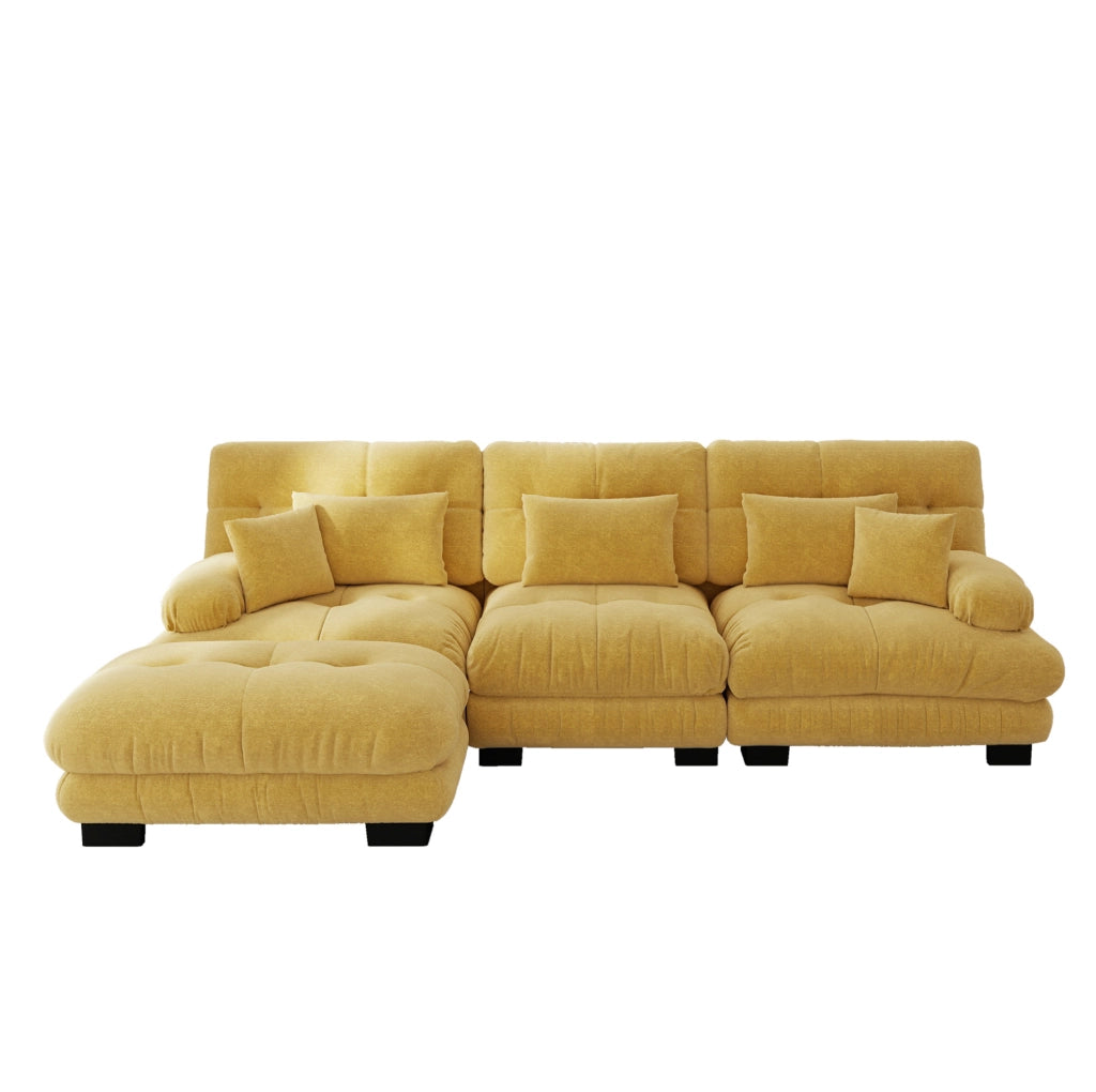 Divano angolare modulare 313x145x81 cm in ciniglia gialla con pouf