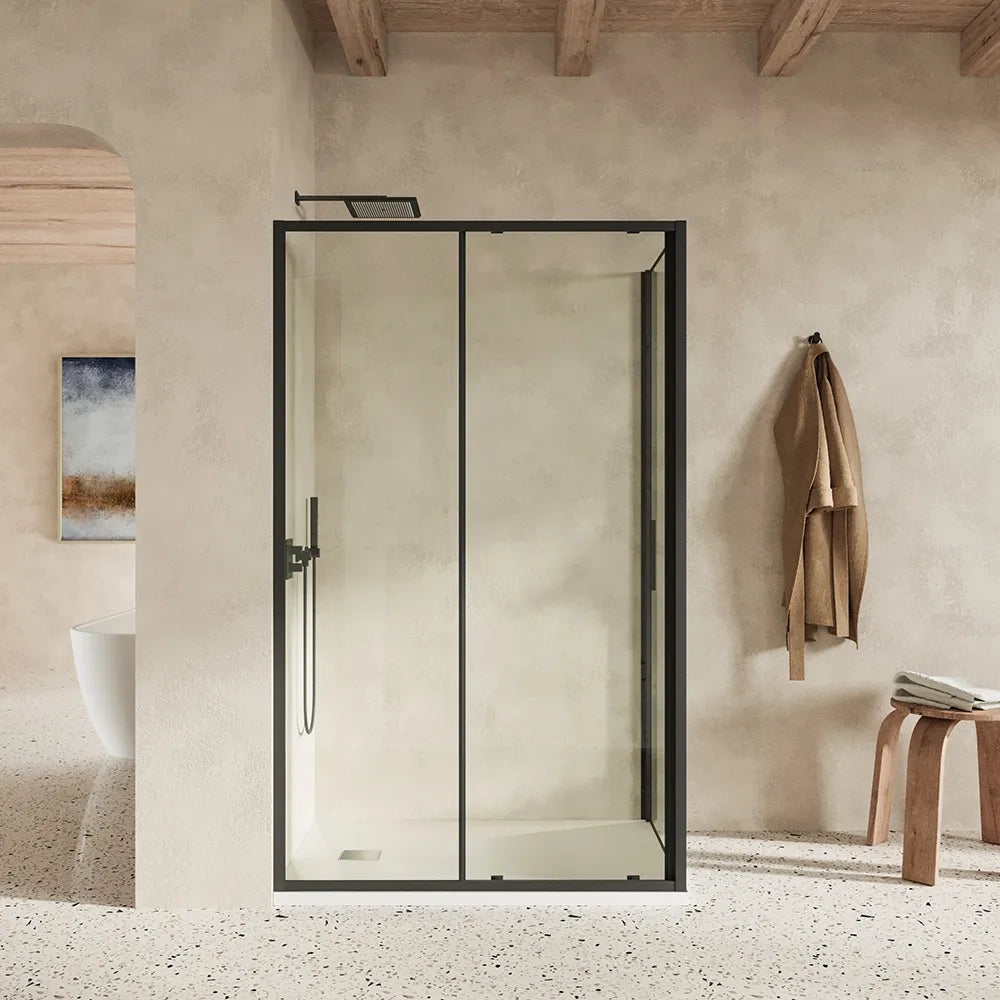 Box doccia slim 90x140cm con porta scorrevole e parete fissa profili nero opaco e vetro 6mm trasparente h190| Portofino