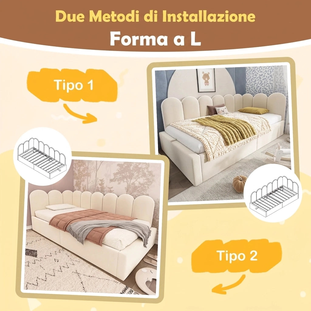Divano letto singolo 90x200 con contenitore idraulico; letto imbottito in velluto beige