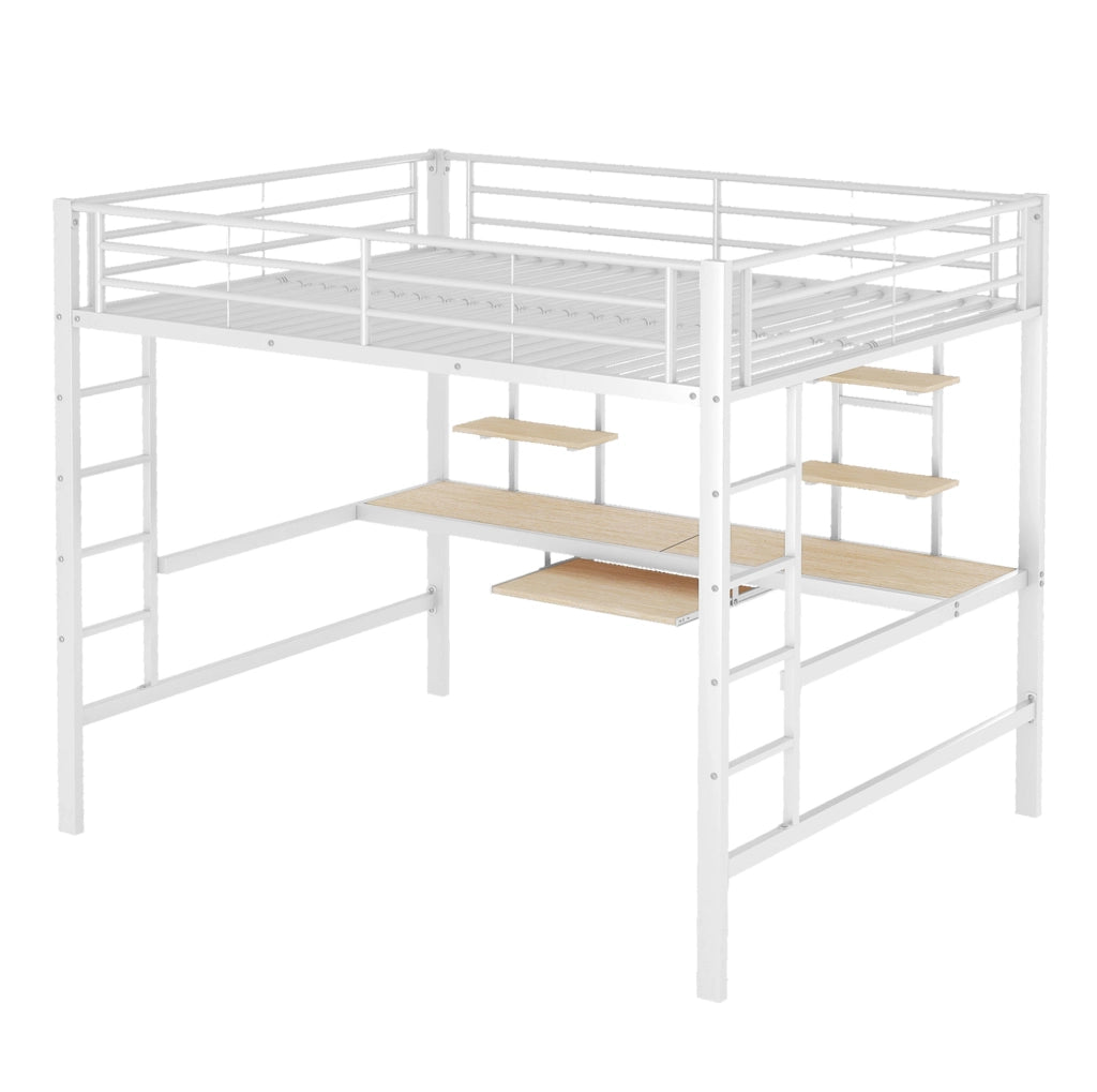 Letto a soppalco 140x200 cm con scrivania e 2 librerie in metallo e MDF bianco