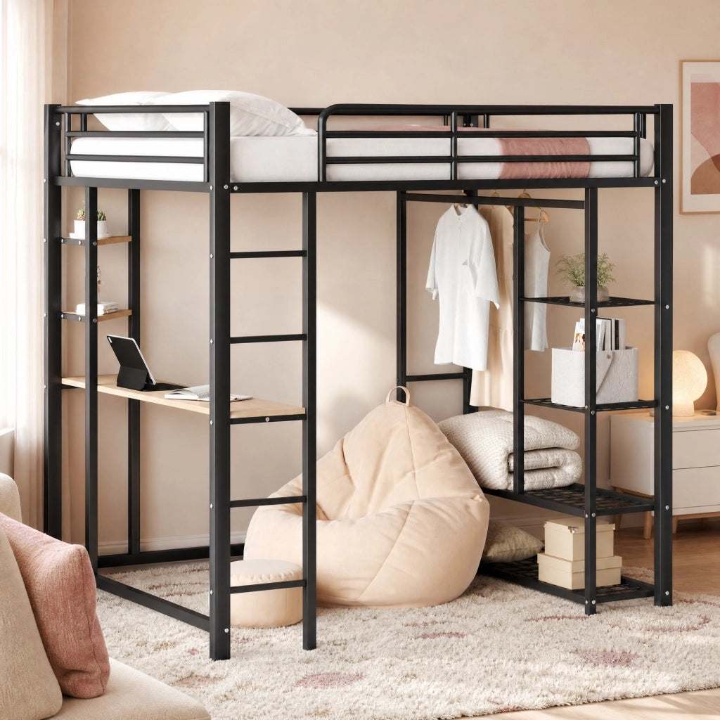 Letto a soppalco 140 × 200 cm con scrivania; guardaroba laterale e ripiani in metallo nero