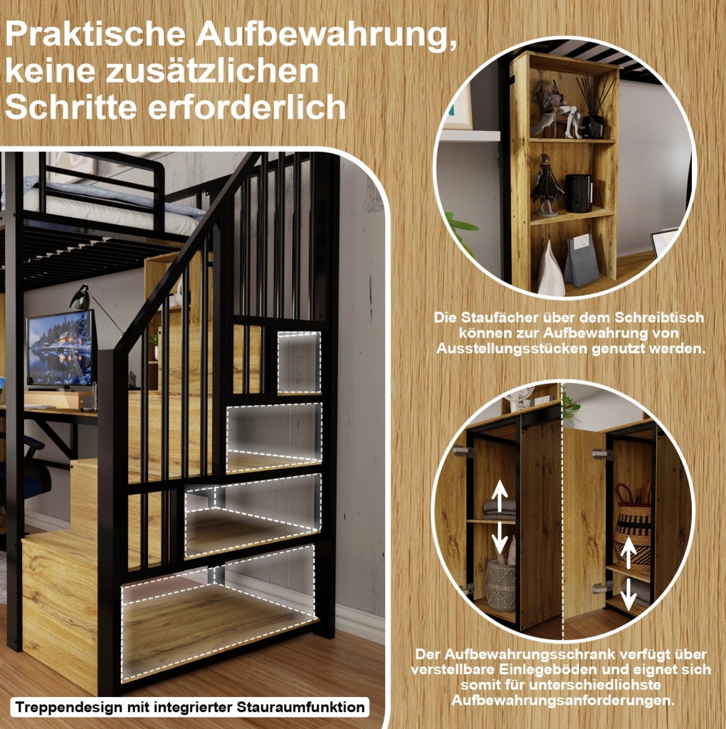 Letto alto 90 x 200 cm in metallo e MDF con scrivania; armadio; scala contenitore e porta USB; nero