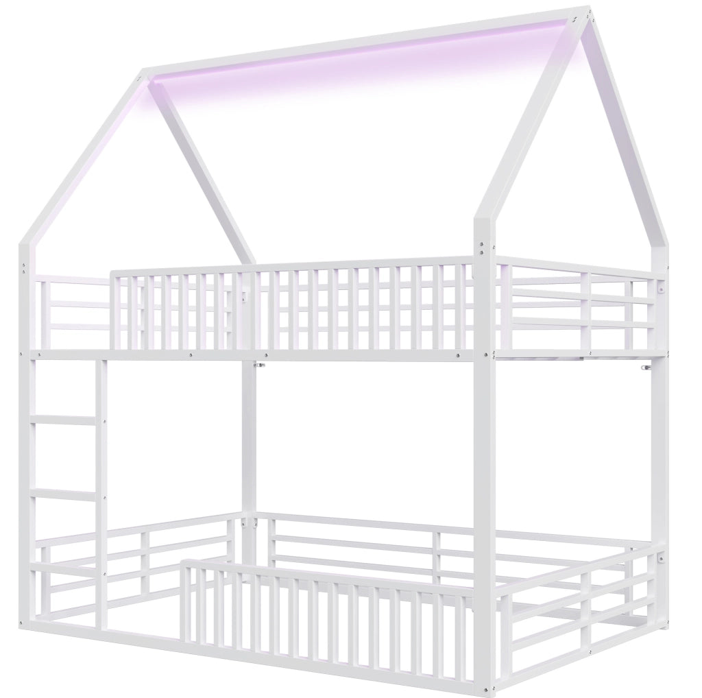 Letto a Castello Bianco 140x200 con Struttura a Casa, Sponda di Sicurezza e Luce LED