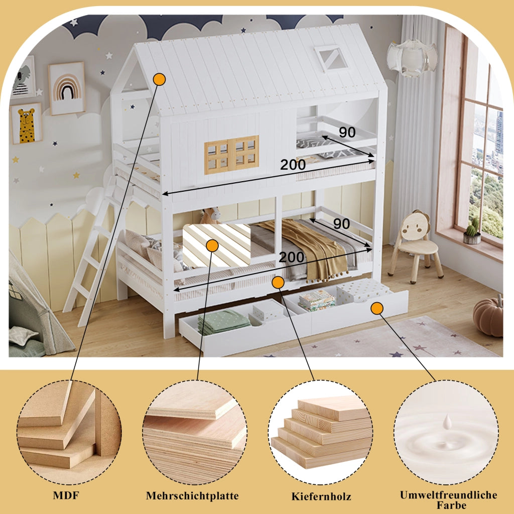 Letto a castello per bambini 90x200 cm a casetta con tetto e finestre; pino e MDF; bianco e legno naturale