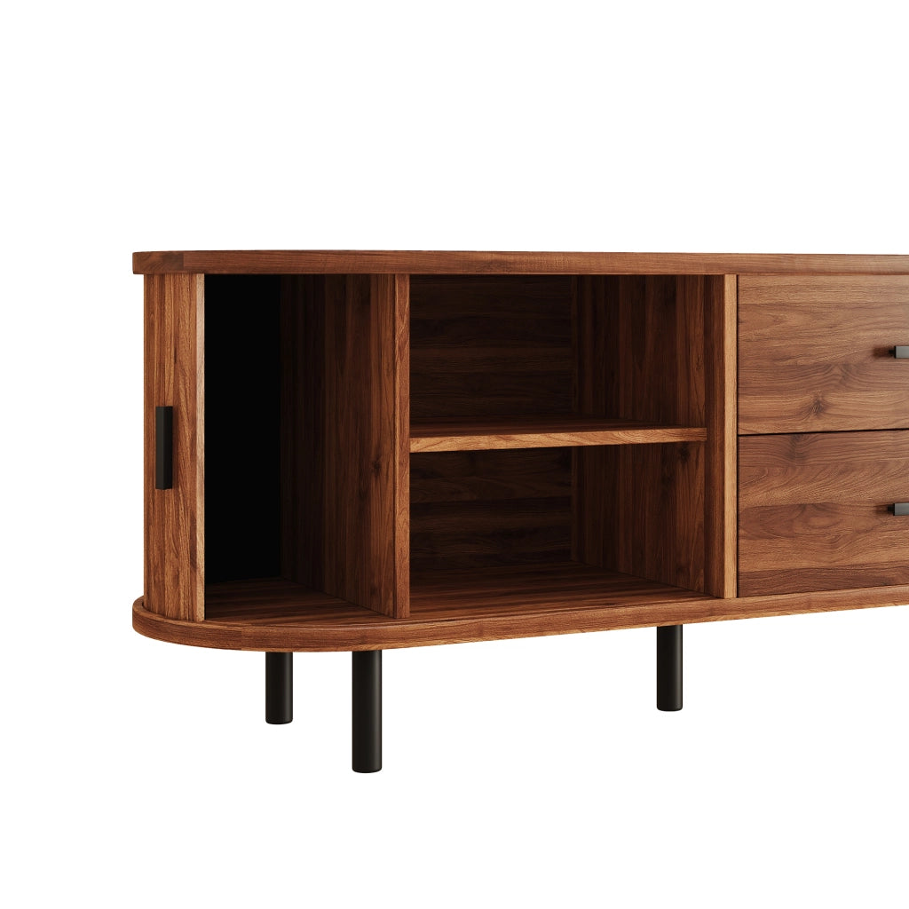 Mobile TV con ante scorrevoli; 2 cassetti e 5 piedi in metallo nero color noce 150 ¡Á 40 ¡Á 55 cm