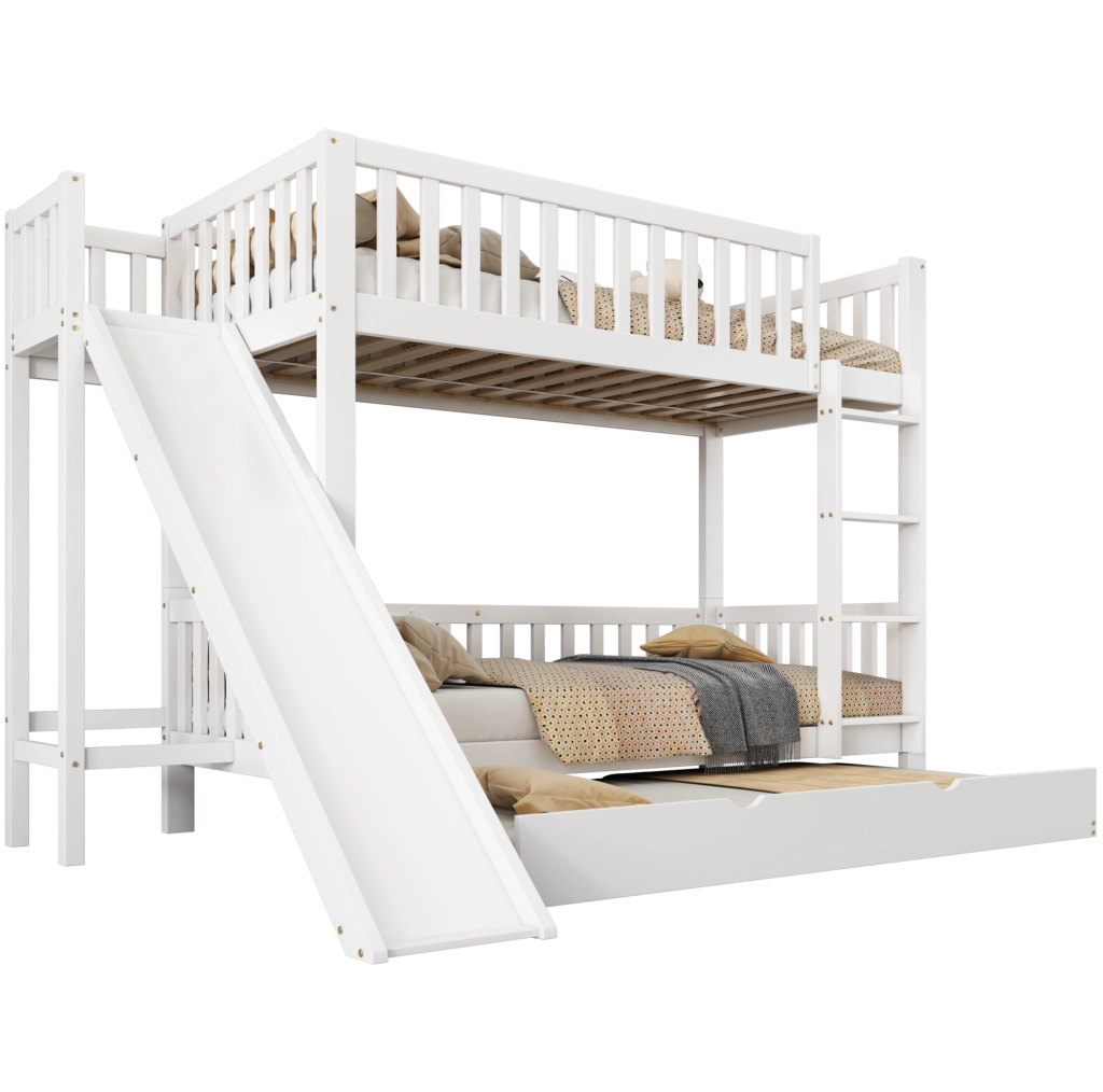 Letto a castello per bambini bianco con letto estraibile, scivolo, scala a 4 gradini e mensole, 90x200/90x190 cm, in pino e MDF