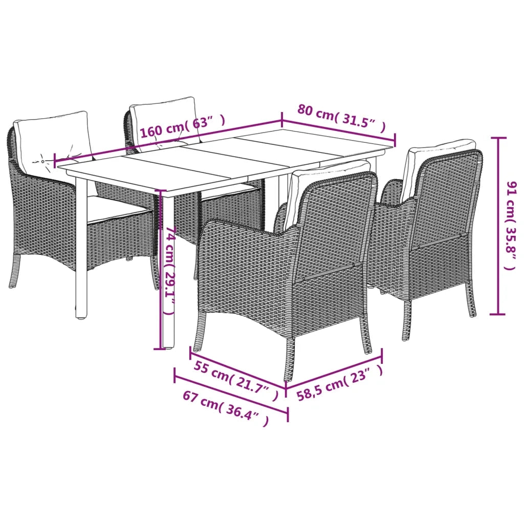 Set Pranzo da Giardino 5pz con Cuscini Grigio Chiaro Polyrattan