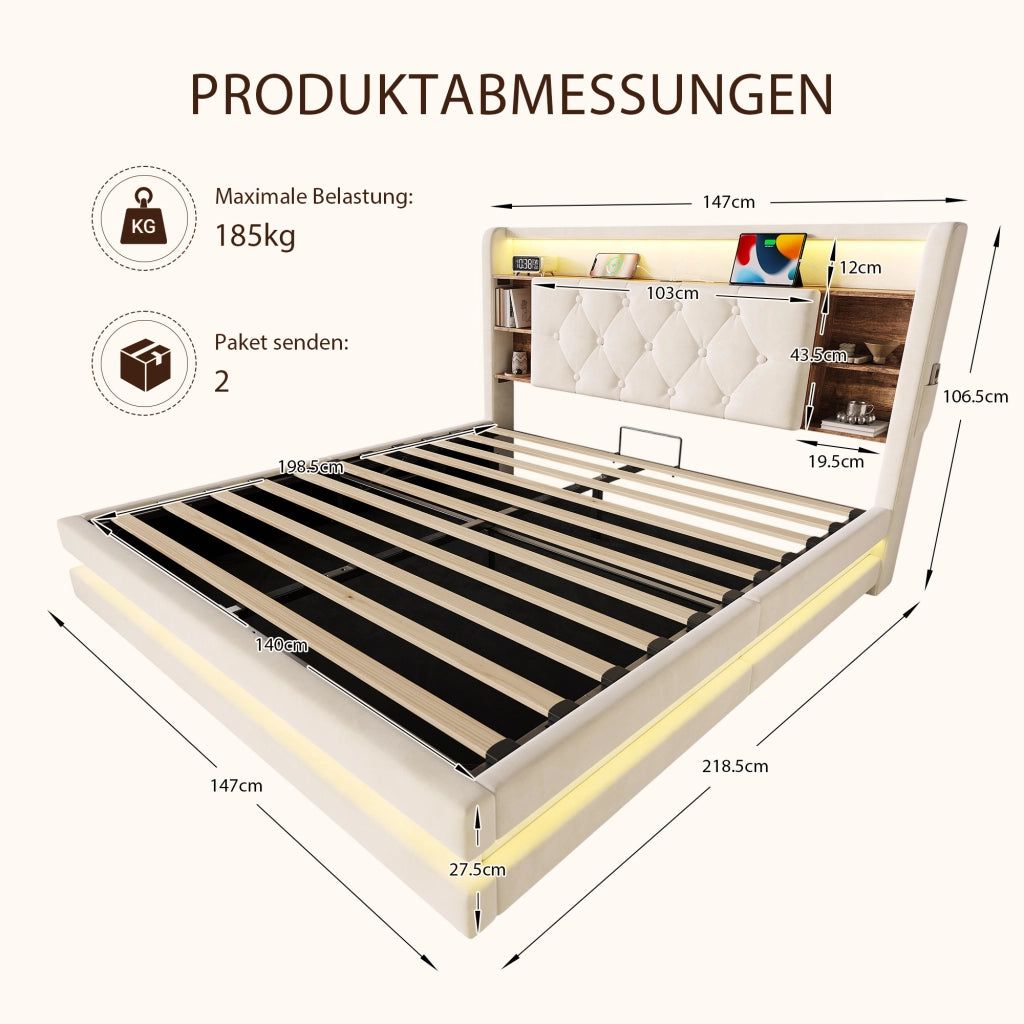 Letto Contenitore 140x200 cm Matrimoniale; LED; USB; Type-C e Ripiani in Velluto Beige
