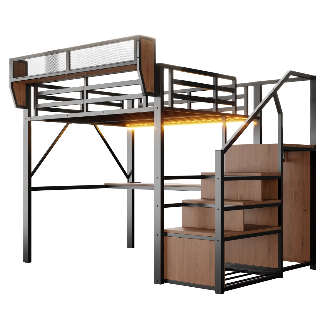 Letto a Soppalco 140x200 in Metallo con Scrivania; Luci LED e Prese Integrate; Nero