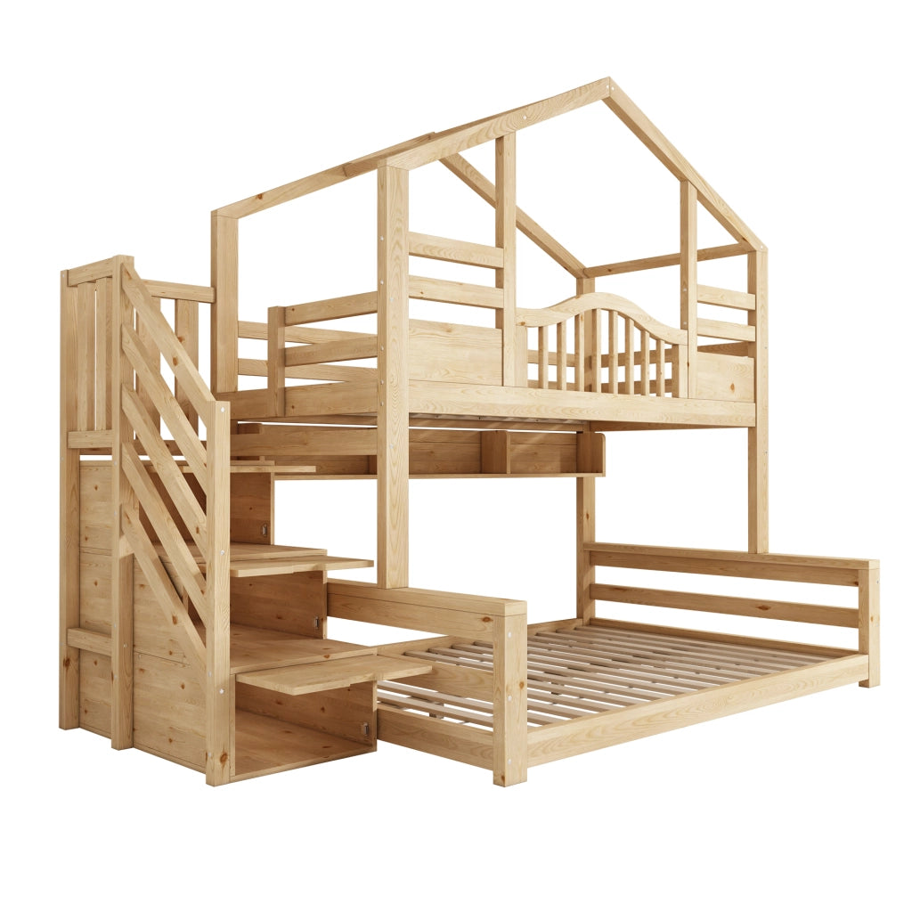 Letto a castello per bambini in legno naturale con scala e guardaroba integrato 90x200/140x200 cm, design sicuro e funzionale