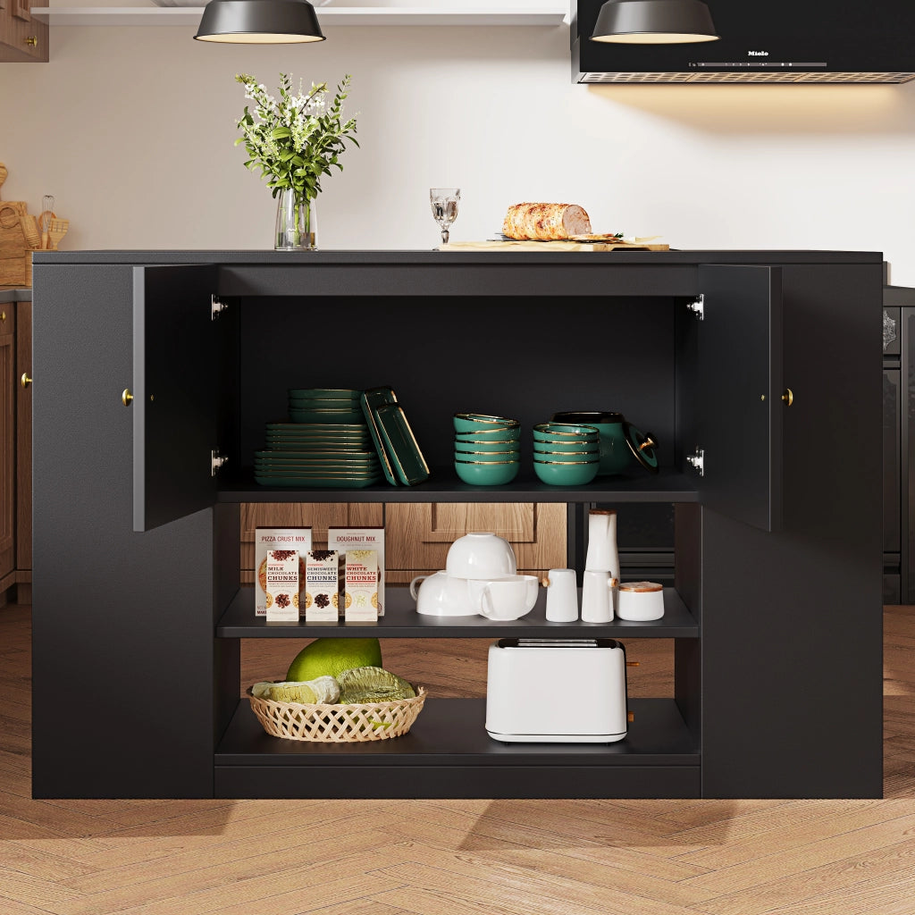 Isola da cucina con piano ribaltabile, 2 ante, cassetti e ripiani regolabili, nera in MDF per cucina, 140 × 40 × 90 cm
