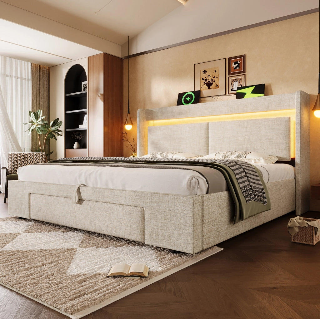 Letto imbottito 140x200 cm beige in lino con contenitore idraulico, testiera con scomparto, luci LED e porte USB/USB-C, con materasso incluso