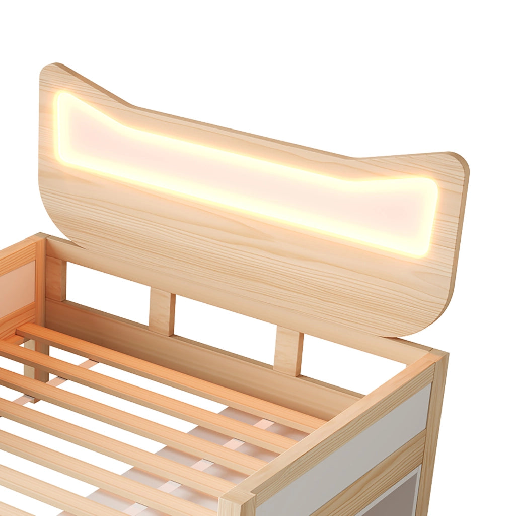 Letto per bambini 90x200 cm con testiera gatto LED e cassetto contenitore