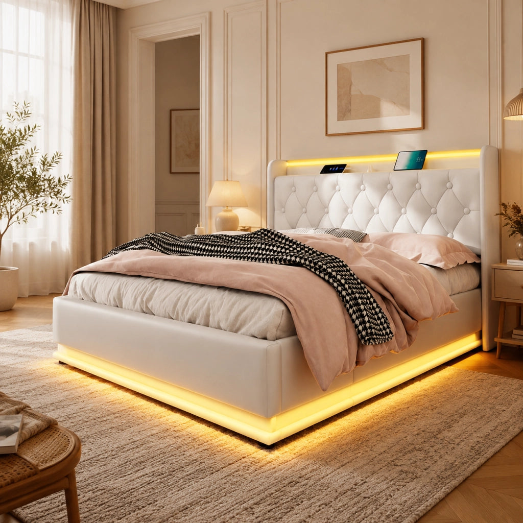 Letto contenitore 180x200 cm; matrimoniale con contenitore idraulico; LED 360°; USB e Type-C; APP e telecomando; PU; bianco