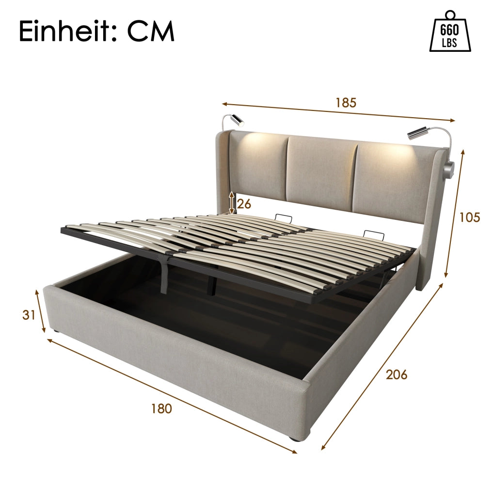 Letto matrimoniale 180x200 cm in lino beige con contenitore idraulico, lampada LED da lettura e ricarica USB