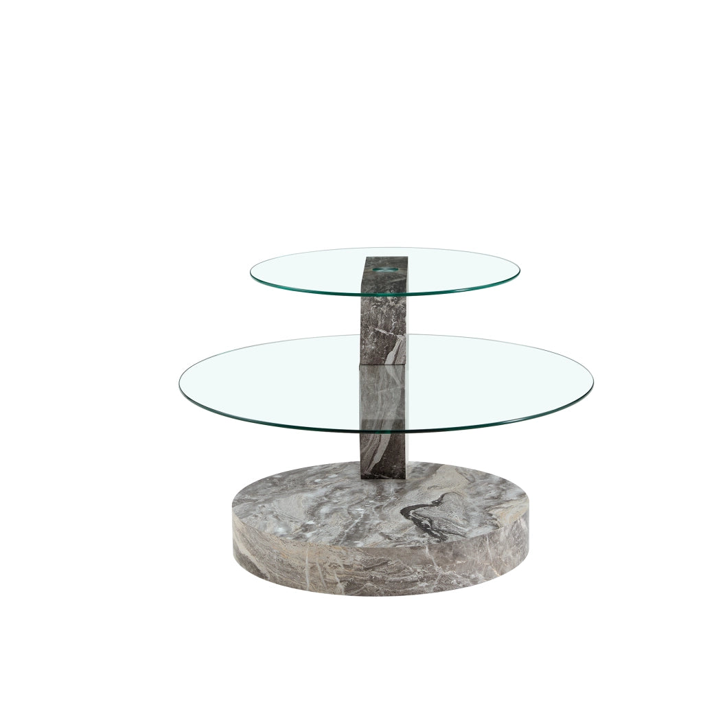 Tavolino basso fisso a due livelli con vetro di sicurezza e base effetto marmo grigio 78.5 × 78.5 × 24.5 cm