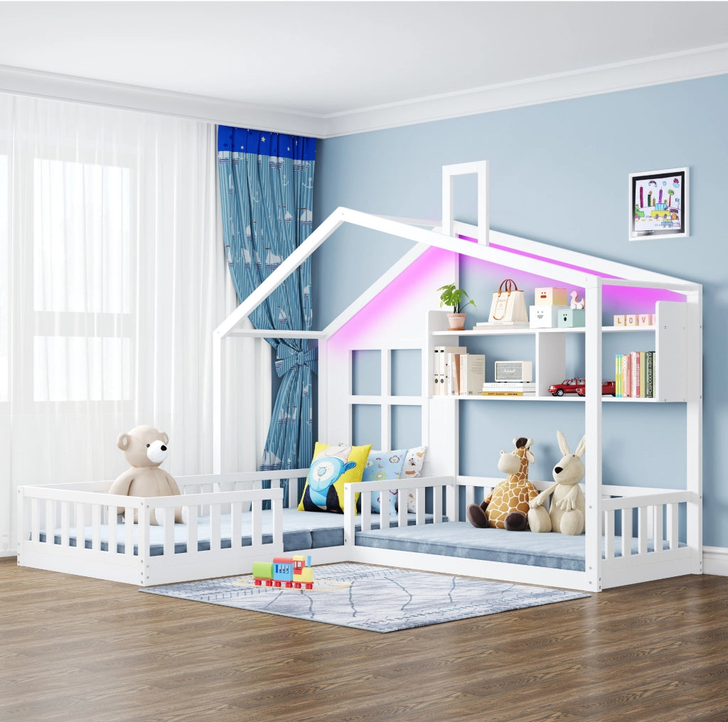 Letto a casetta 90x200 cm con LED, mensole e sponde di sicurezza, bianco