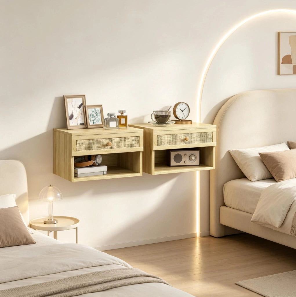 Set di 2 Comodini da Parete in Truciolato Naturale con Cassetto Estraibile e Ripiano Aperto, 40x34x23 cm