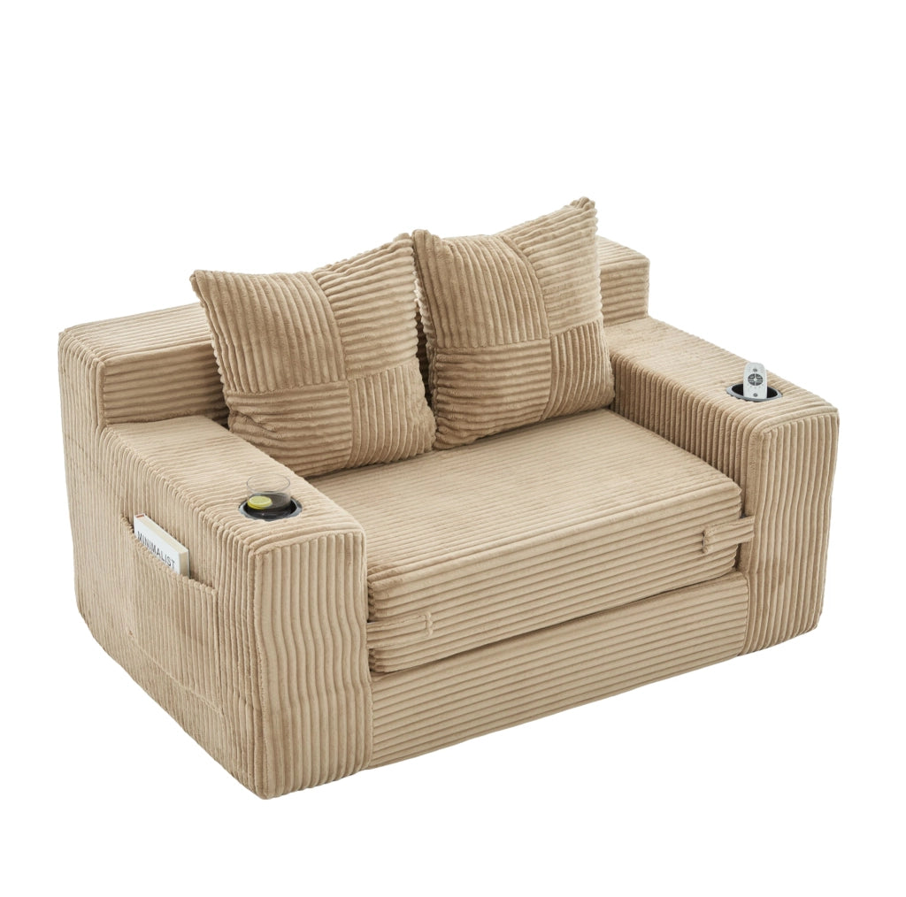 DIVANO Pouf 151x133x64 cm in Velluto a Coste Khaki con Tasche Laterali