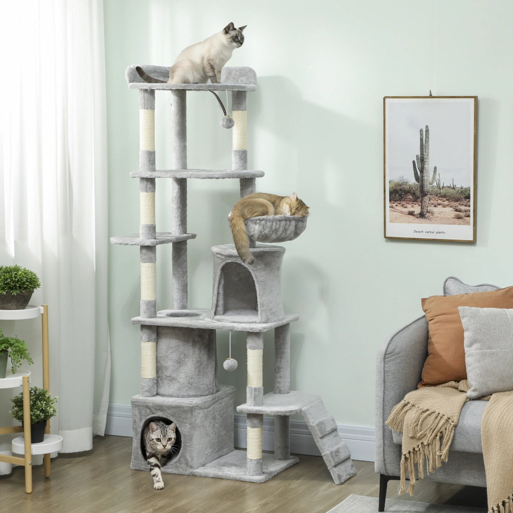 Tiragraffi per Gatti con 2 Casette e Amaca ¨C Xylo ¨C Grigio 60x40x170 cm