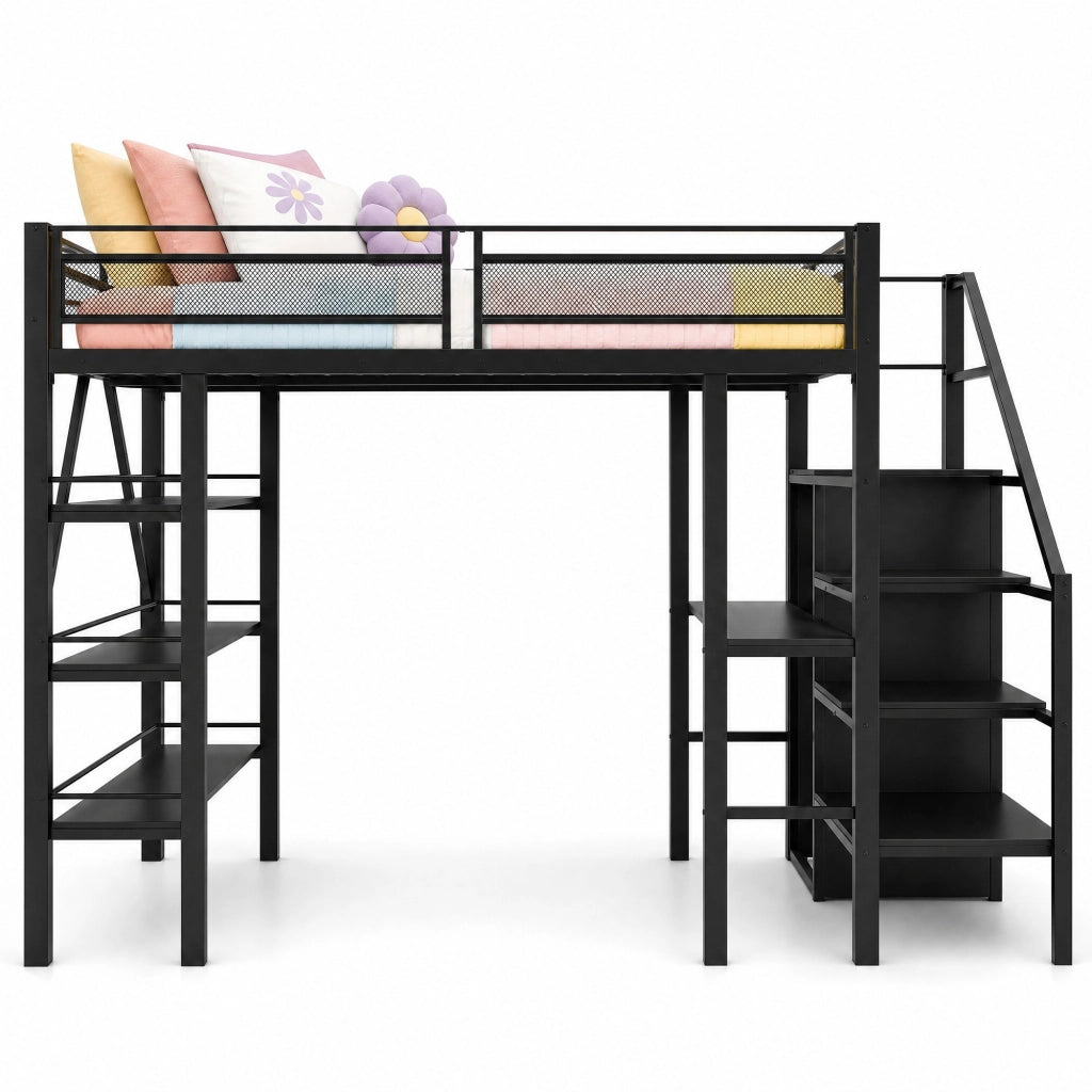 Letto a soppalco 140 × 200 cm con scrivania armadio scaffale a tre livelli scale reversibili in metallo nero