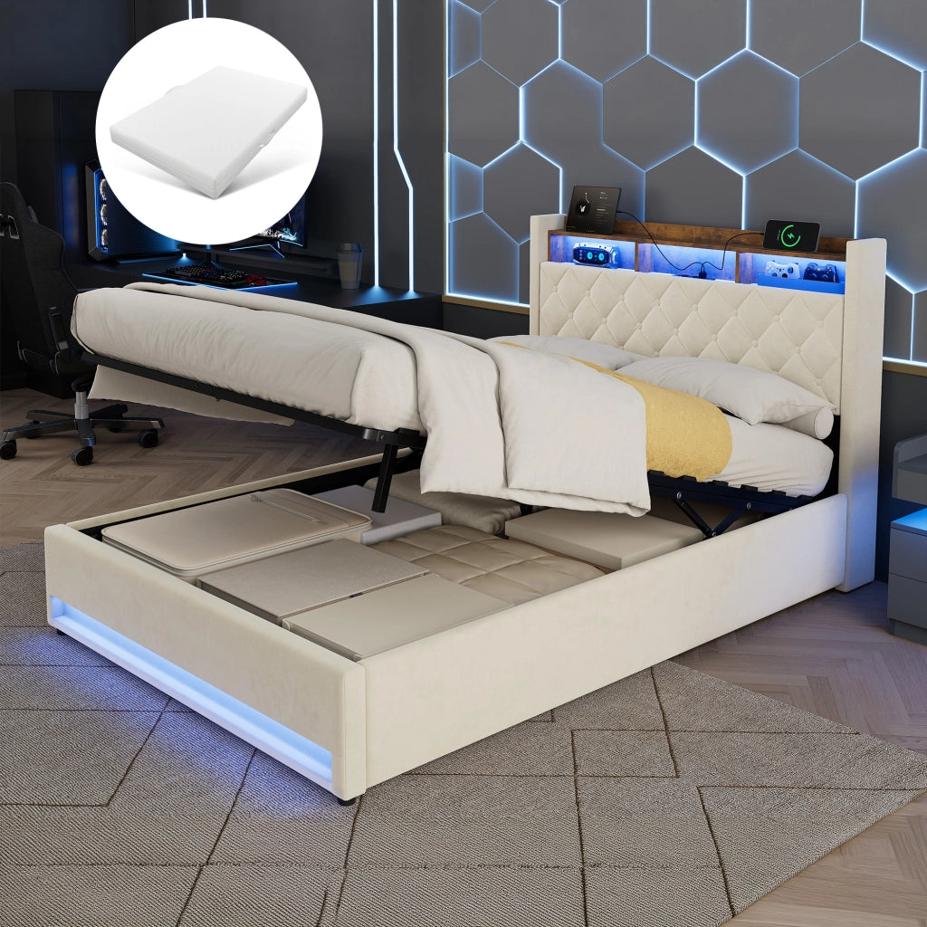 Letto contenitore imbottito 140x200 cm con luce LED; presa elettrica e porta USB; velluto; beige; senza materasso
