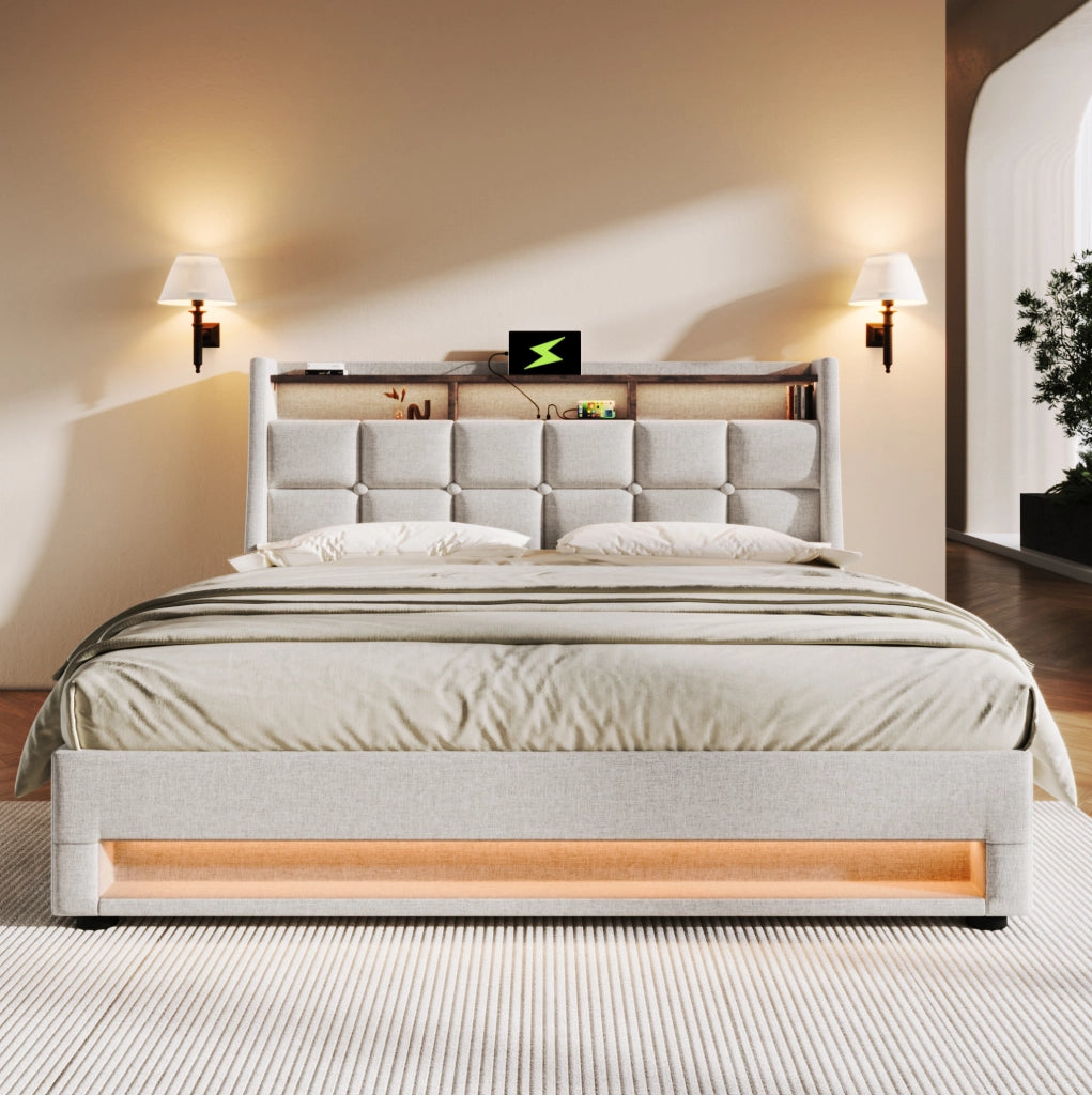 Letto imbottito 160x200 cm con contenitore, LED e USB in lino beige