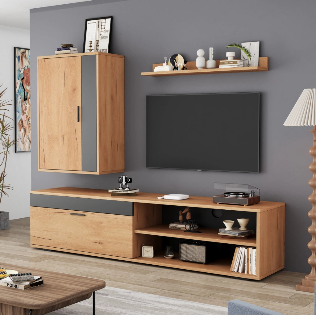 Set mobili soggiorno TV 140x35x39 cm con mobile TV, armadietto da parete e mensola, design moderno in truciolato legno e nero