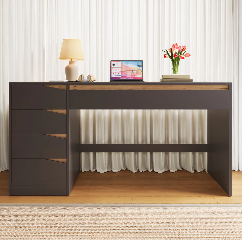 Scrivania 140x50 cm con 5 cassetti; grigio ed effetto rovere; in MDF