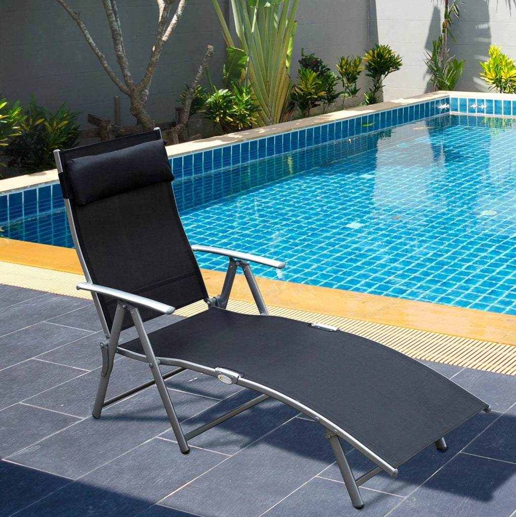 Lettino prendisole pieghevole in metallo e tessuto nero 137x63,5x100,5 cm per giardino, terrazza e spiaggia con cuscino