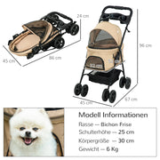 Passeggino per animali pieghevole in tessuto oxford khaki con ruote anteriori girevoli e freni 67 × 45 × 96 cm