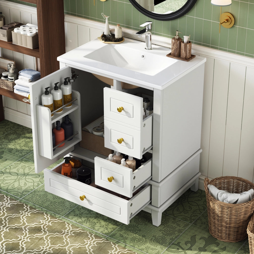 Mobiletto con lavabo da bagno a terra con 3 cassetti e anta soft-close in MDF bianco lucido 61 × 47 × 86 cm