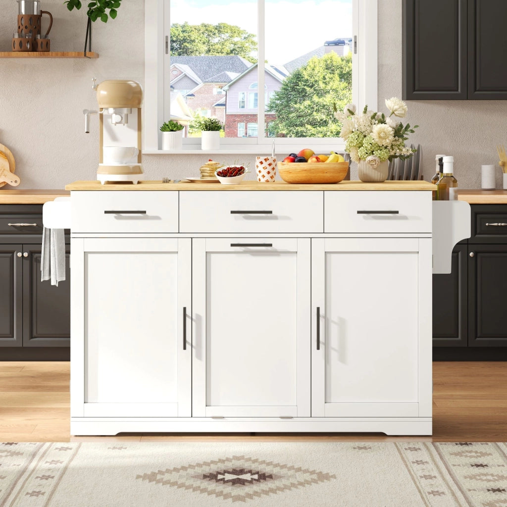 Isola da cucina mobile, carrello da cucina, credenza, piano di lavoro pieghevole, 3 cassetti, mobile con cestino dei rifiuti,, bianco e legno naturale