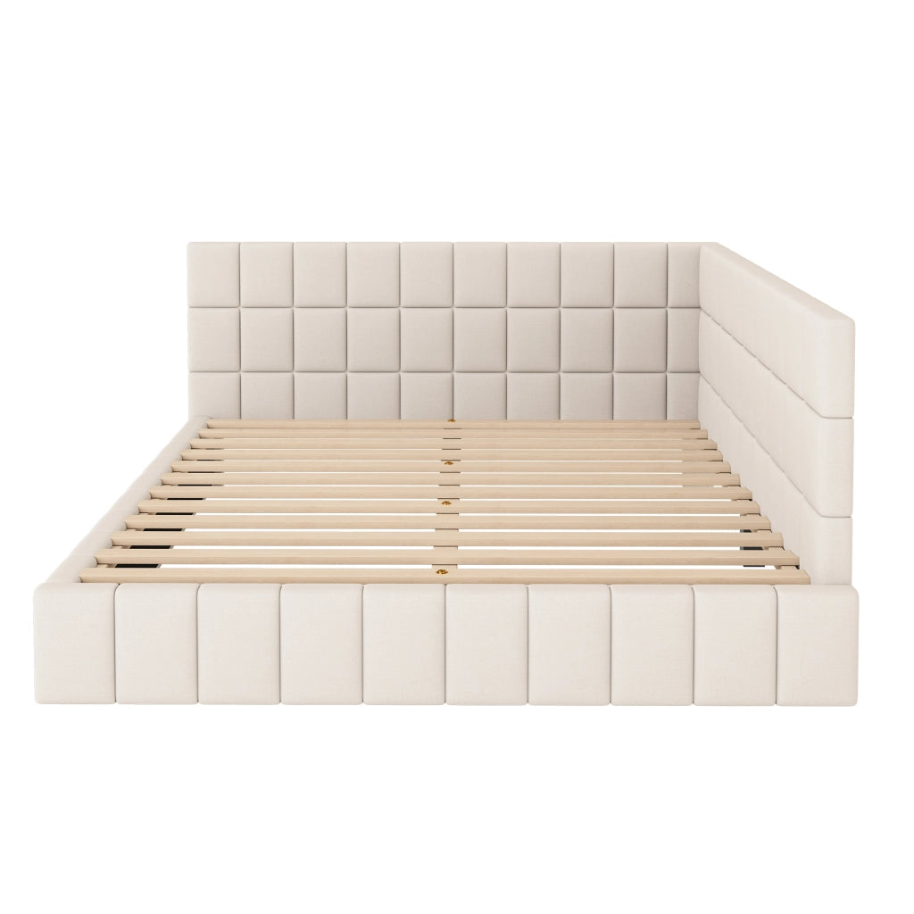 Letto imbottito 160 x 200 cm con rete a doghe, letto matrimoniale in velluto, stile divano letto, beige