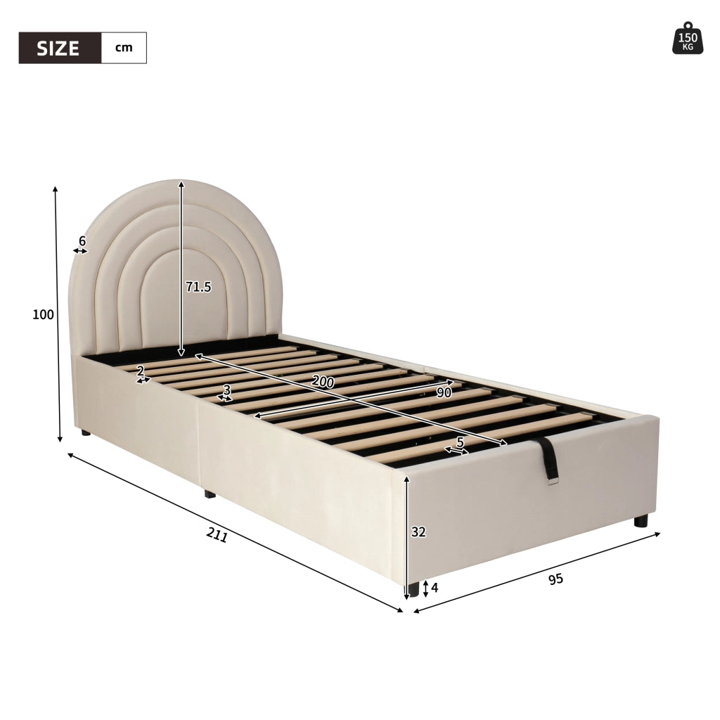 Letto Contenitore Singolo 90x200 cm; 1 Posto - Contenitore Idraulico e Testiera Imbottita - in Velluto - Beige