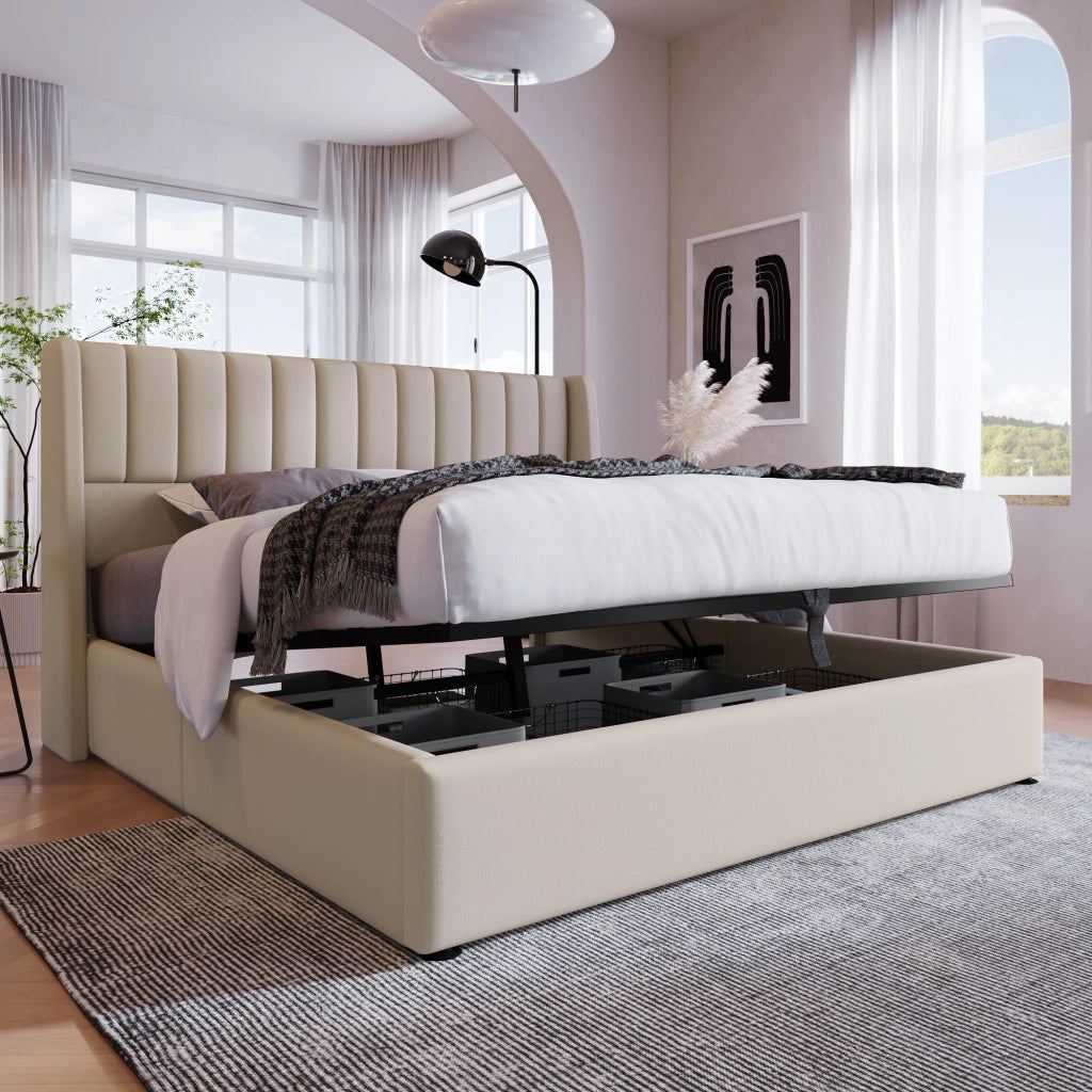 Letto contenitore 160 × 200 cm con sollevamento idraulico; rete a doghe e testiera imbottita in lino beige