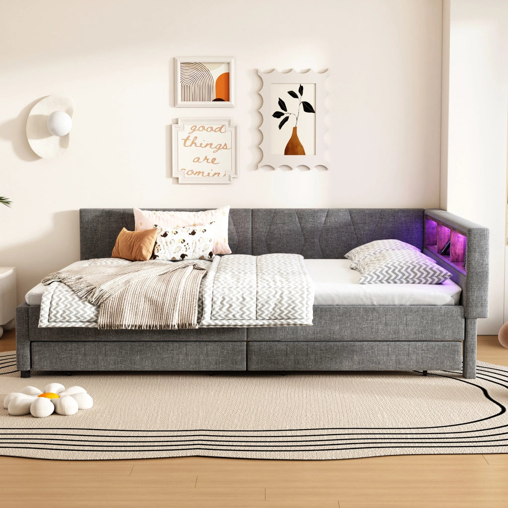 Letto estraibile 140x200 cm con rete a doghe; USB e porta tipo C; LED e vani portaoggetti; lino e MDF; grigio
