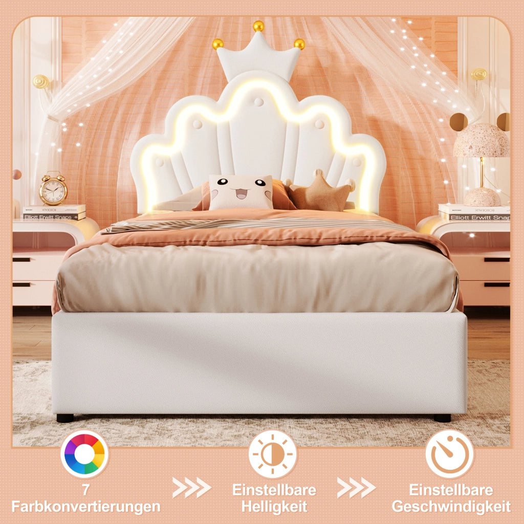 Letto singolo imbottito 90 × 200 cm con contenitore idraulico PU bianco testiera regolabile e LED