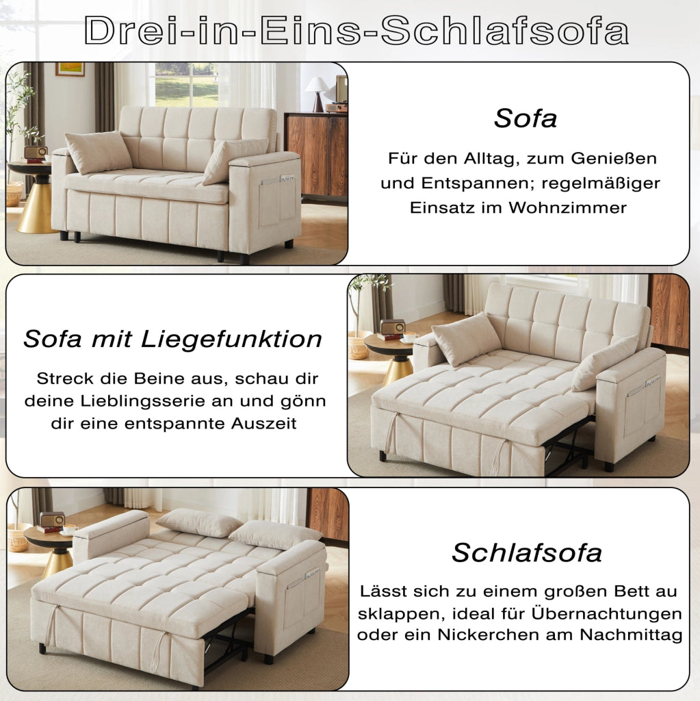 Divano letto 2 posti ULEVR 3 in 1 in ciniglia beige con braccioli contenitore e tasche laterali