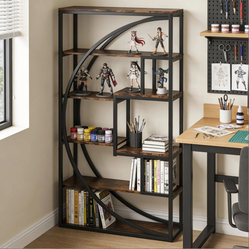 Libreria geometrica a 6 livelli in metallo e legno