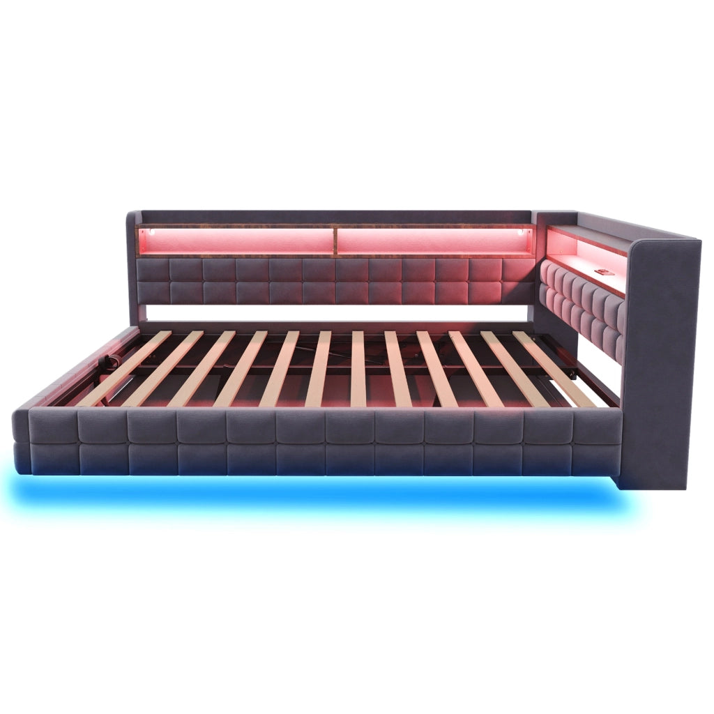 Divano letto 140x200 cm con contenitore idraulico, LED e USB-C in velluto grigio