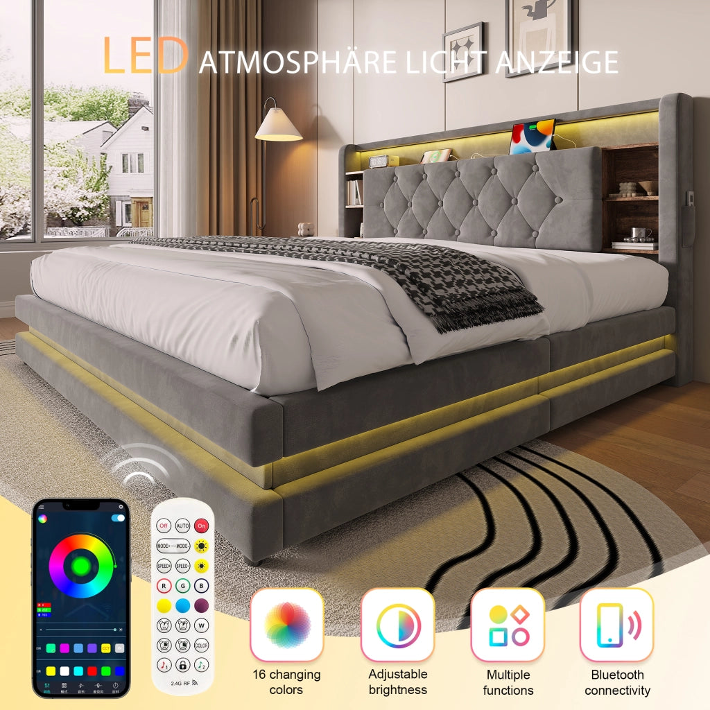 Letto contenitore con testiera multifunzione LED USB e Type-C rivestito in velluto grigio scuro