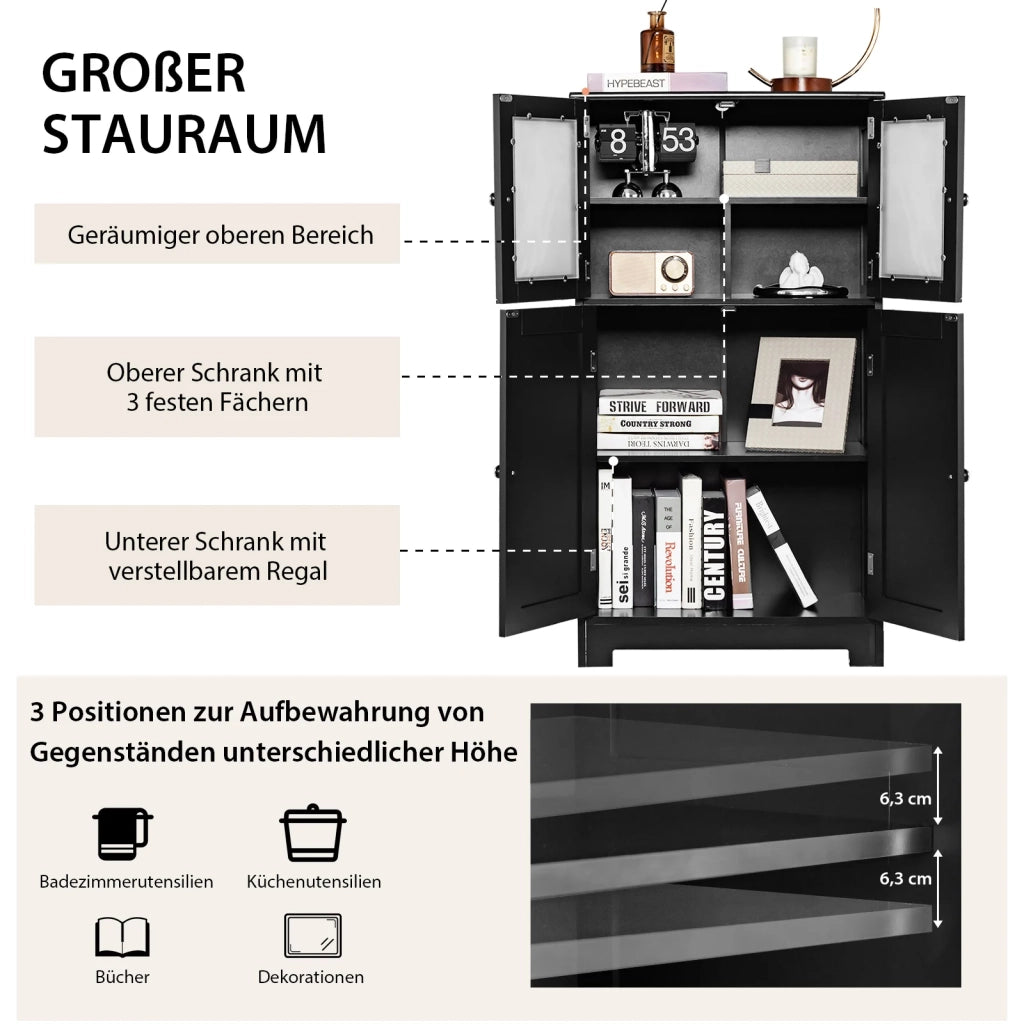 Mobile Alto da Bagno a Colonna in Legno MDF e Vetro Nero con Ante e Ripiano Regolabile Salvaspazio per Casa