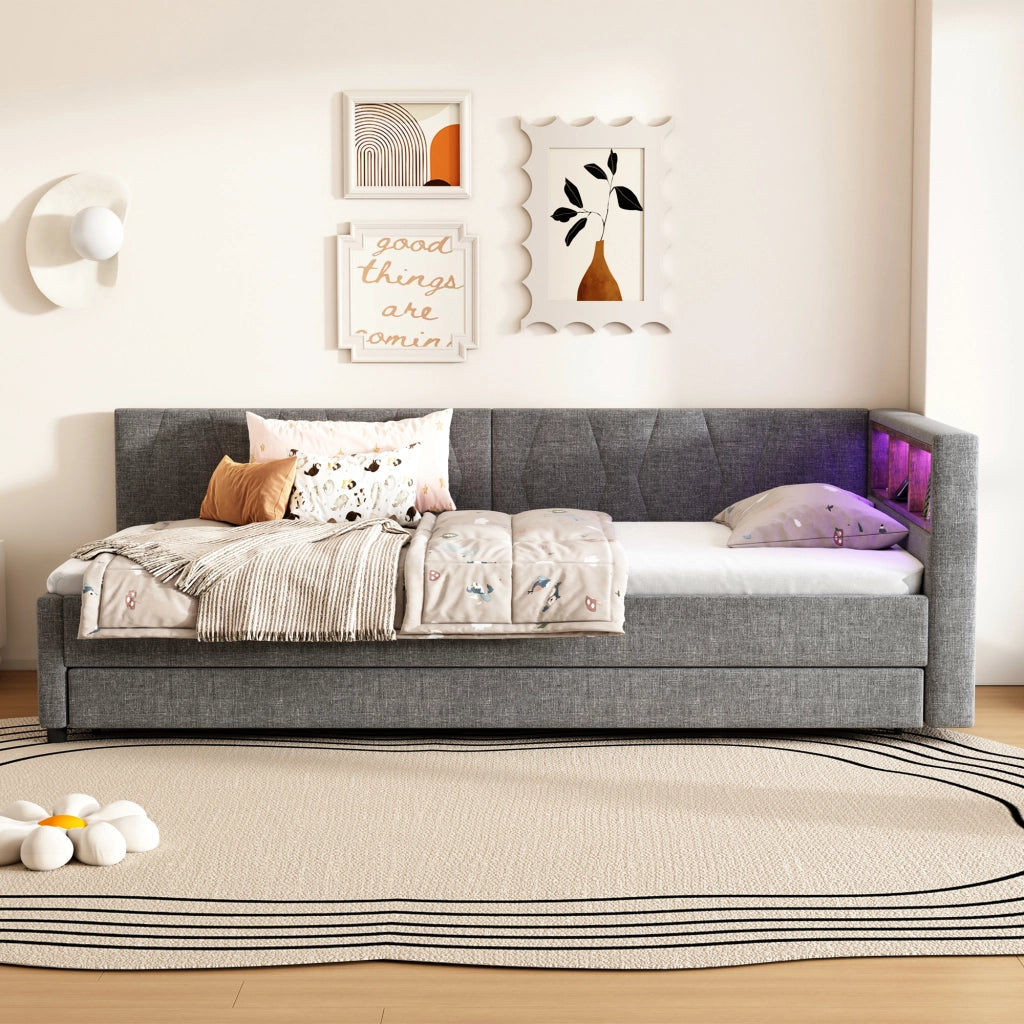 Letto estraibile singolo 90×200 cm con USB e tipo C; LED e vani portaoggetti; senza materasso; lino; grigio