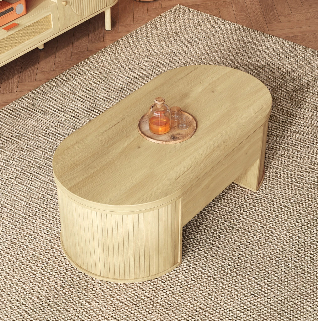 Tavolino da salotto in MDF regolabile in altezza con mensola estraibile, finitura effetto legno, 110x55,5x40 cm