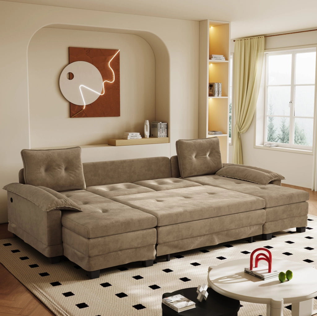 Divano letto modulare a U ULEVR 278x127 cm con letto estraibile, USB e cuscini bracciolo removibili, khaki