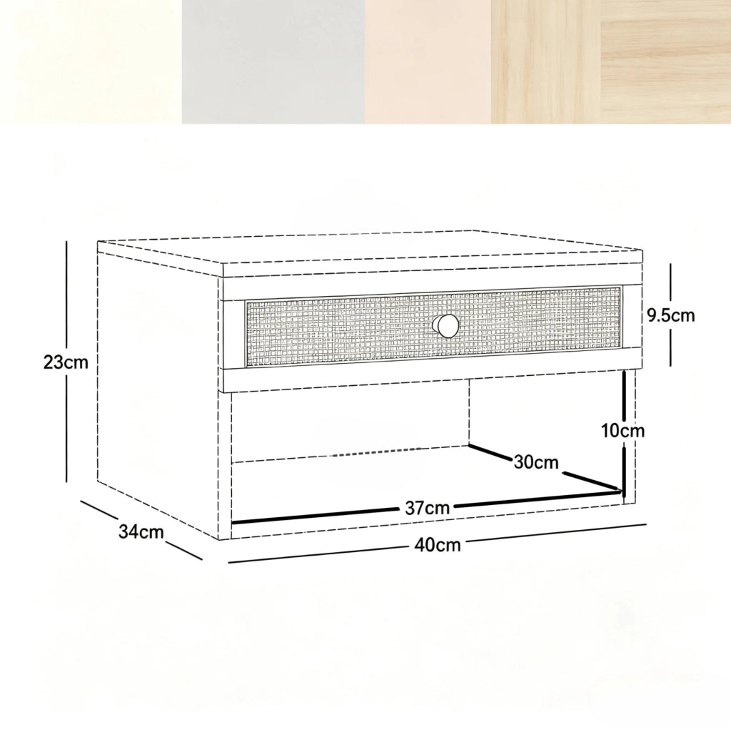 Set di 2 Comodini da Parete in Truciolato Naturale con Cassetto Estraibile e Ripiano Aperto, 40x34x23 cm