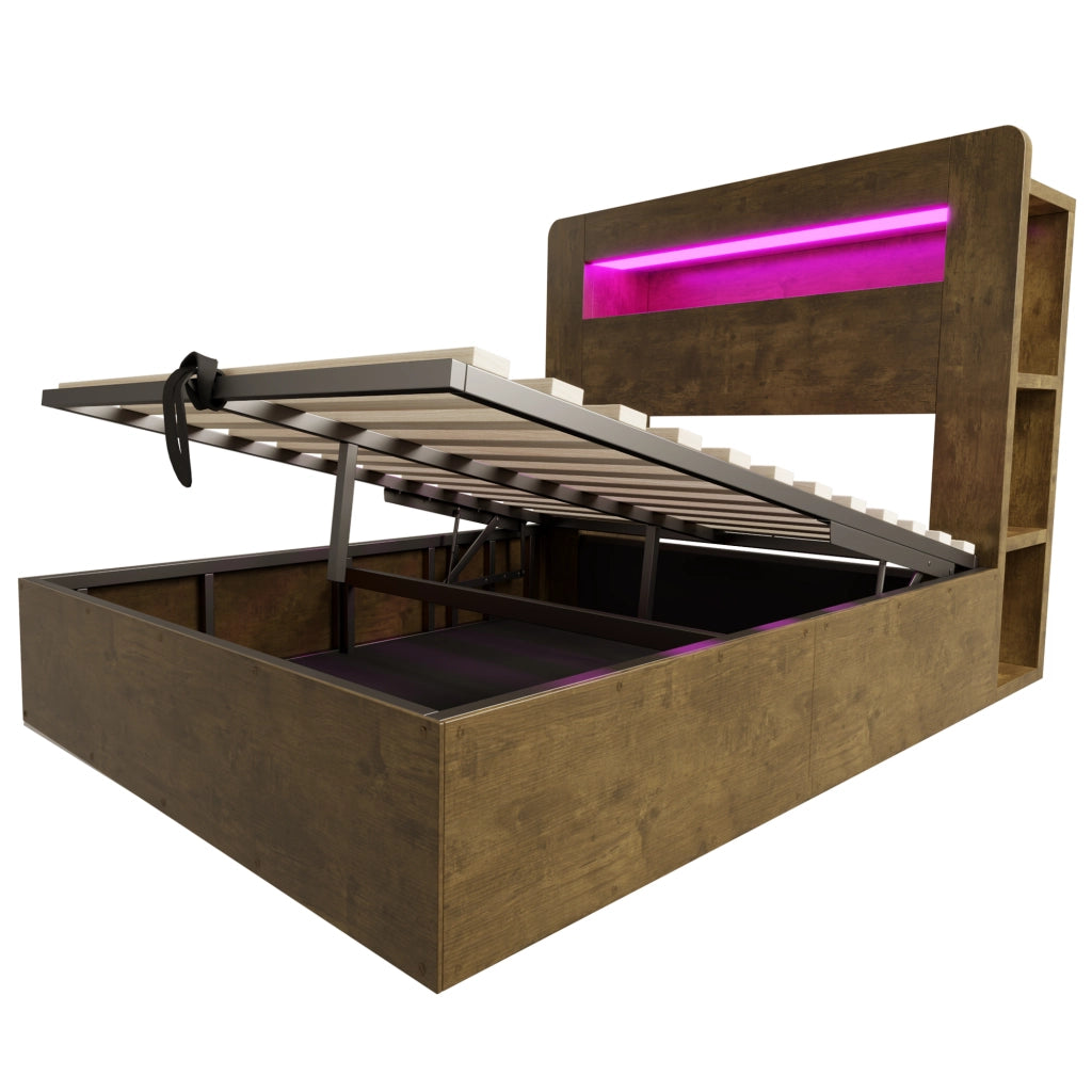 Letto contenitore 140x200 cm effetto legno vintage con testiera LED; prese e vani portaoggetti