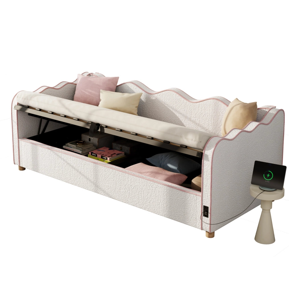 Letto singolo 90x200 beige in bouclé con vano idraulico, USB e Type-C